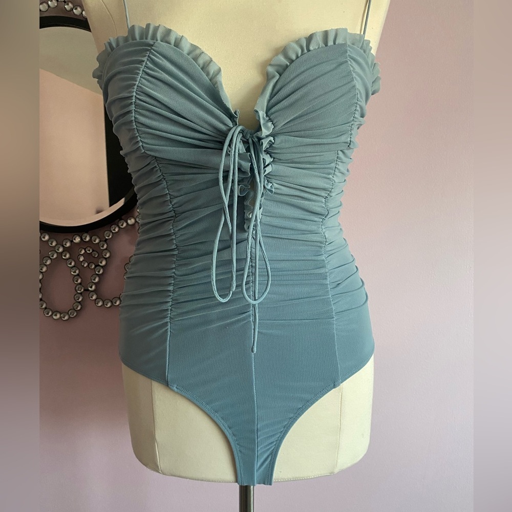 Hey Babe Blue Ruched Bodysuit Lace Up Bust Corset Style Mesh Size M - Picture 3 of 8